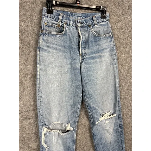 VINTAGE Levis 701 Jeans Womens 26 x 29 Blue Distressed Holes Made USA COOL! - Picture 4 of 14